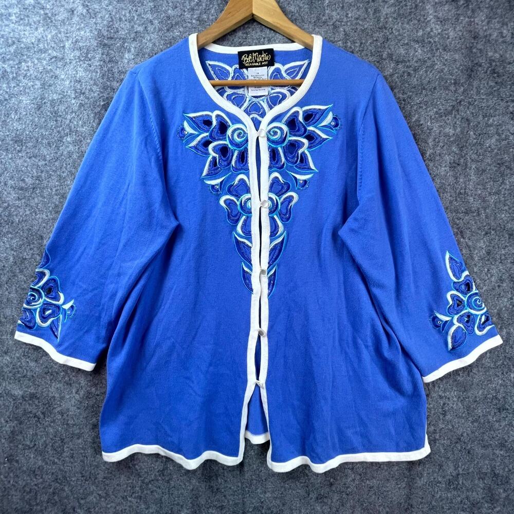 Bob Mackie Cardigan Women 1X Wearable Art Cut Out Embroider Embellished‎ Grandma